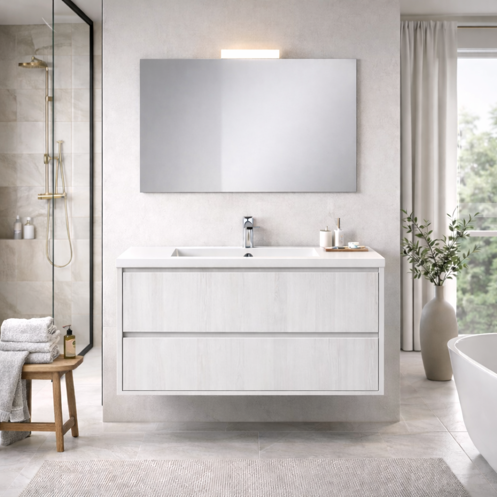 Mobile bagno sospeso Cubi&Co serie Aura con doppio cassetto, lavabo e specchio con LED - varie finiture 18