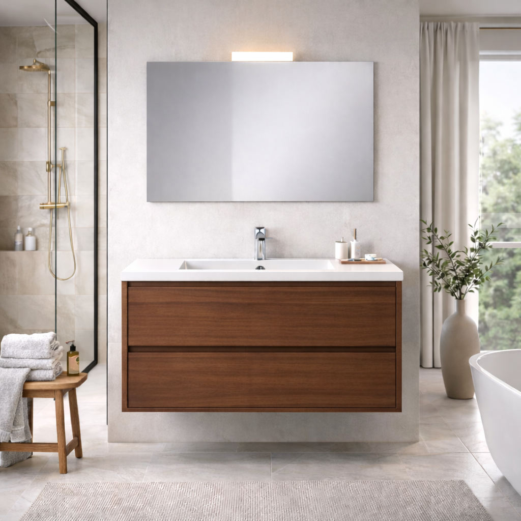 Mobile bagno sospeso Cubi&Co serie Aura con doppio cassetto, lavabo e specchio con LED - varie finiture 19