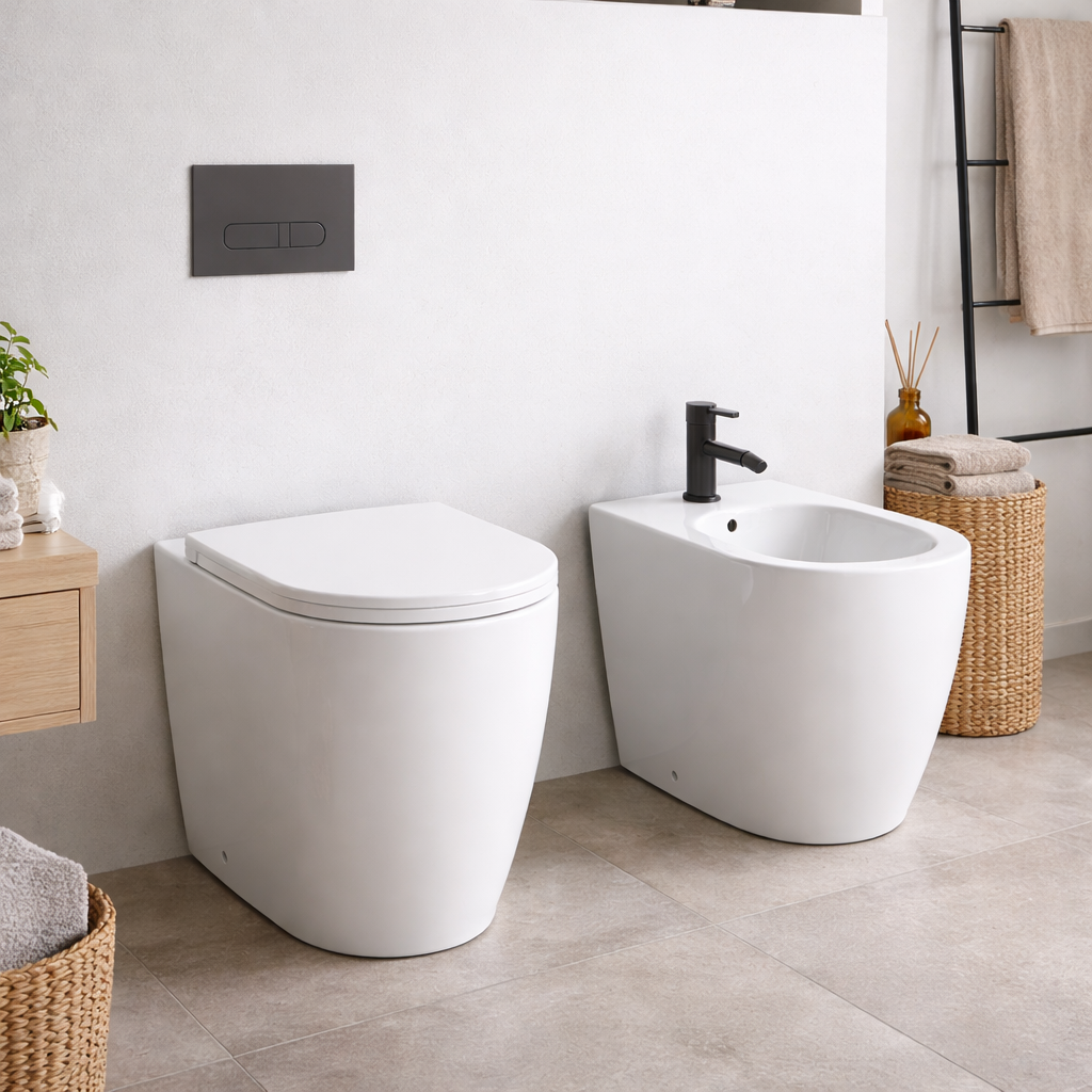 Coppia sanitari filomuro BathCore serie Magnolia con WC rimless comfort e bidet 56x37 cm – bianco lucido