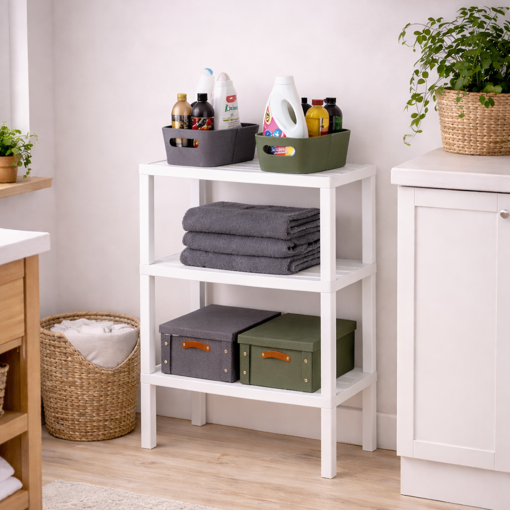 Scaffale lavanderia 3 ripiani Cubi&Co Ecostyle in polipropilene - Effetto legno