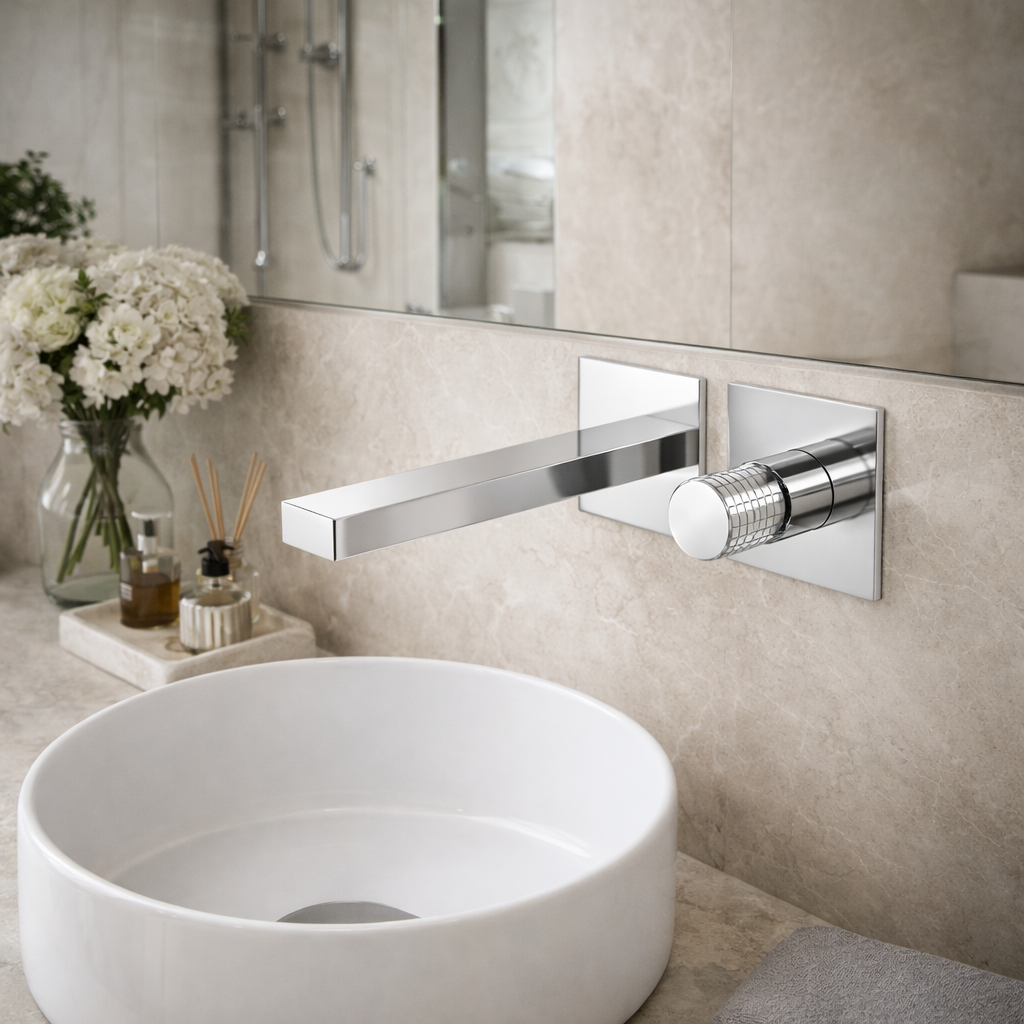 Miscelatore lavabo a muro personalizzabile RubiFlux serie Sculpt - varie finiture