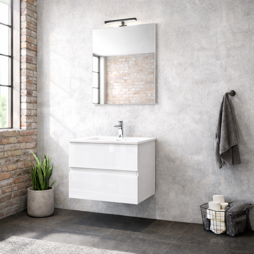 Composizione bagno sospesa Cubi&Co serie Block con doppio cassetto, lavabo e specchio LED - varie finiture