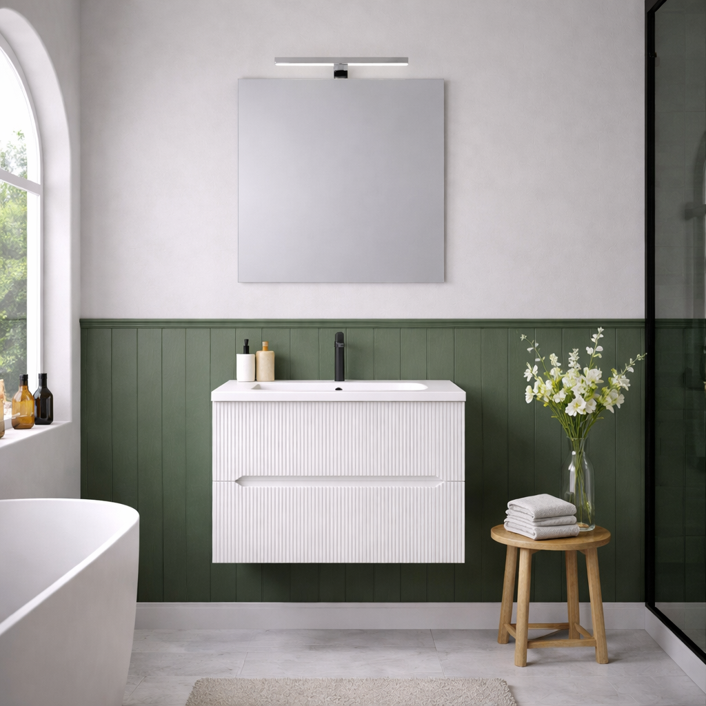Mobile bagno sospeso cannettato Stick con lavabo, specchio e lampada LED - varie finiture