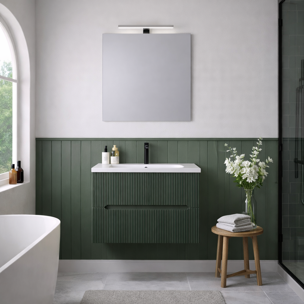 Mobile bagno sospeso cannettato Stick con lavabo, specchio e lampada LED - varie finiture 9