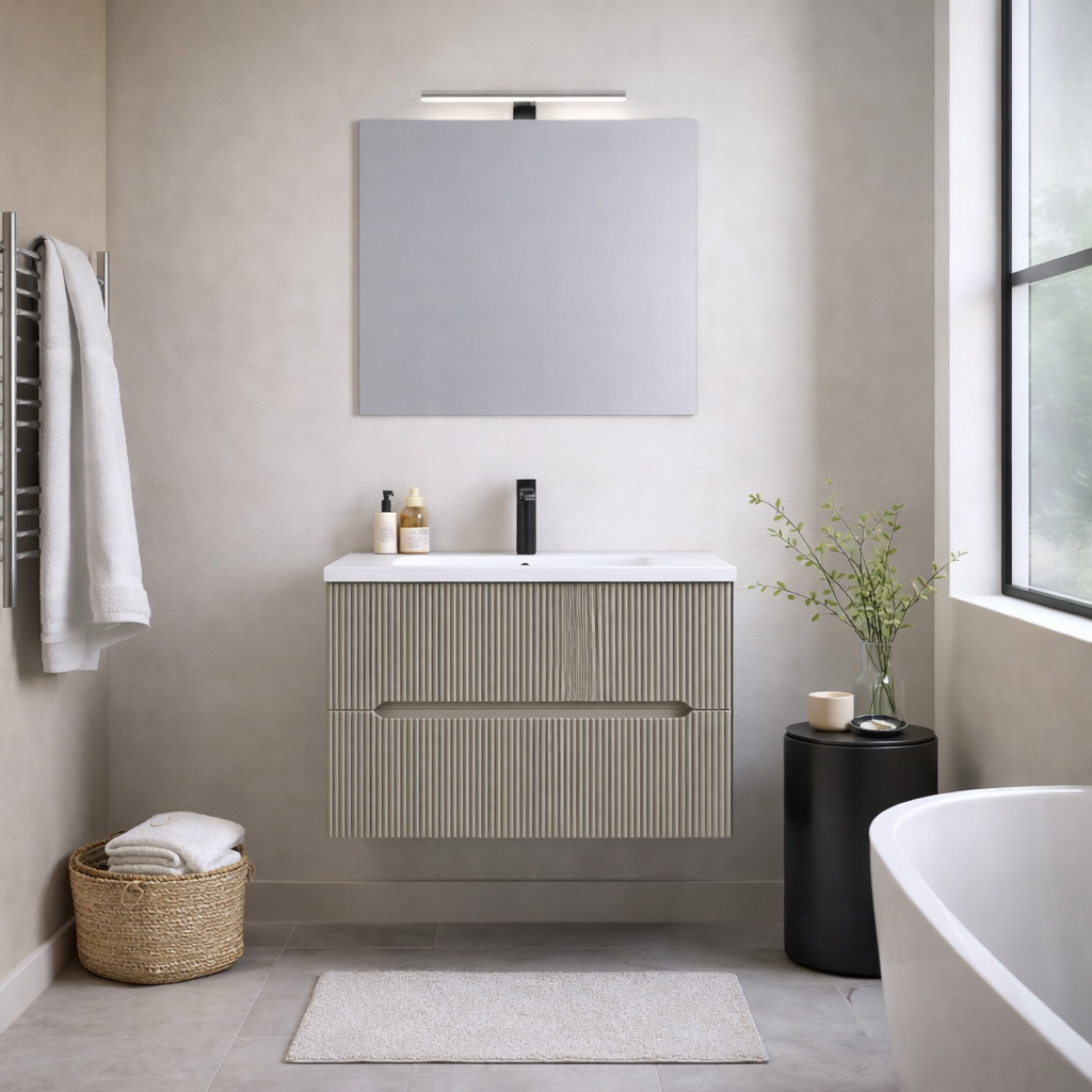 Mobile bagno sospeso cannettato Stick con lavabo, specchio e lampada LED - varie finiture 13