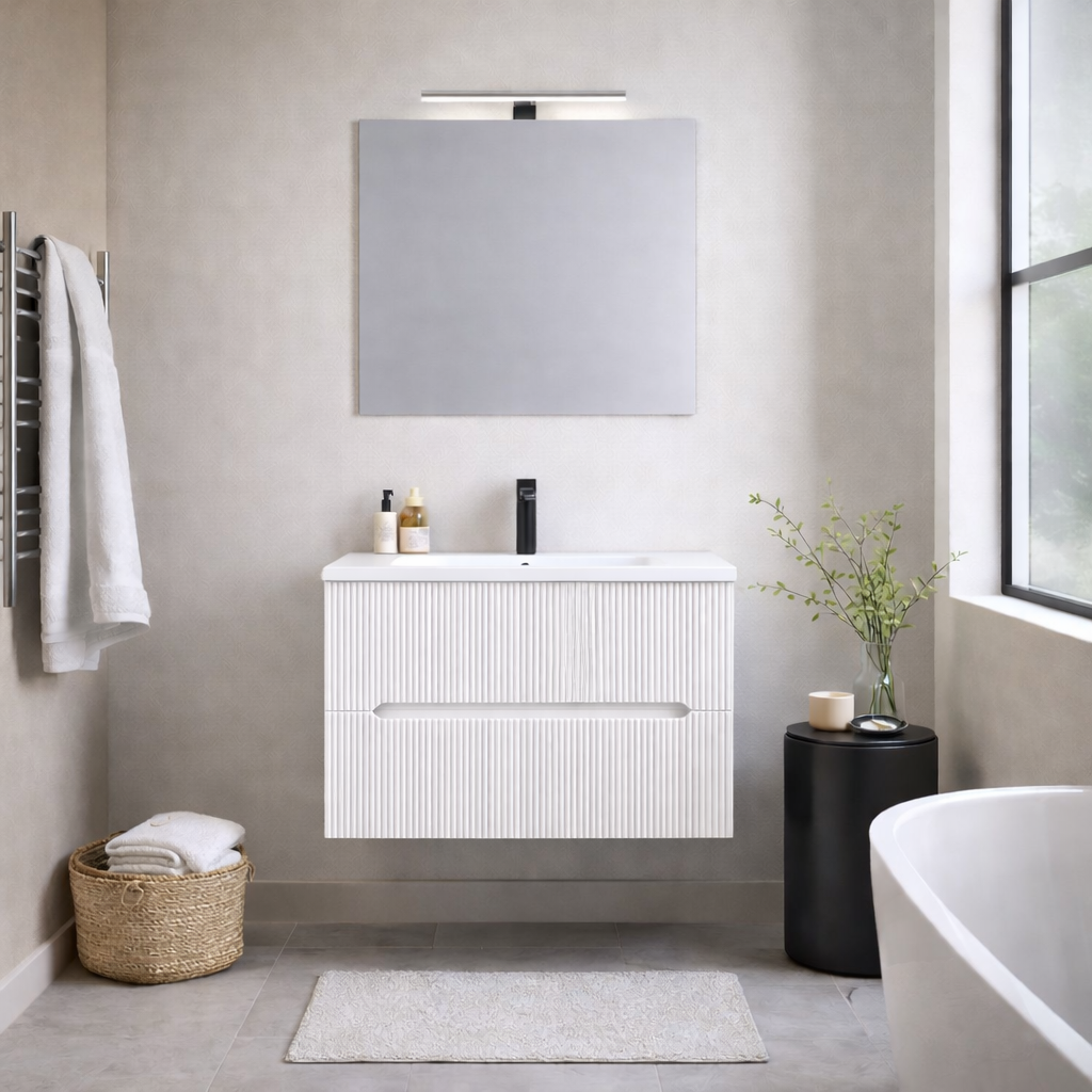 Mobile bagno sospeso cannettato Stick con lavabo, specchio e lampada LED - varie finiture 10