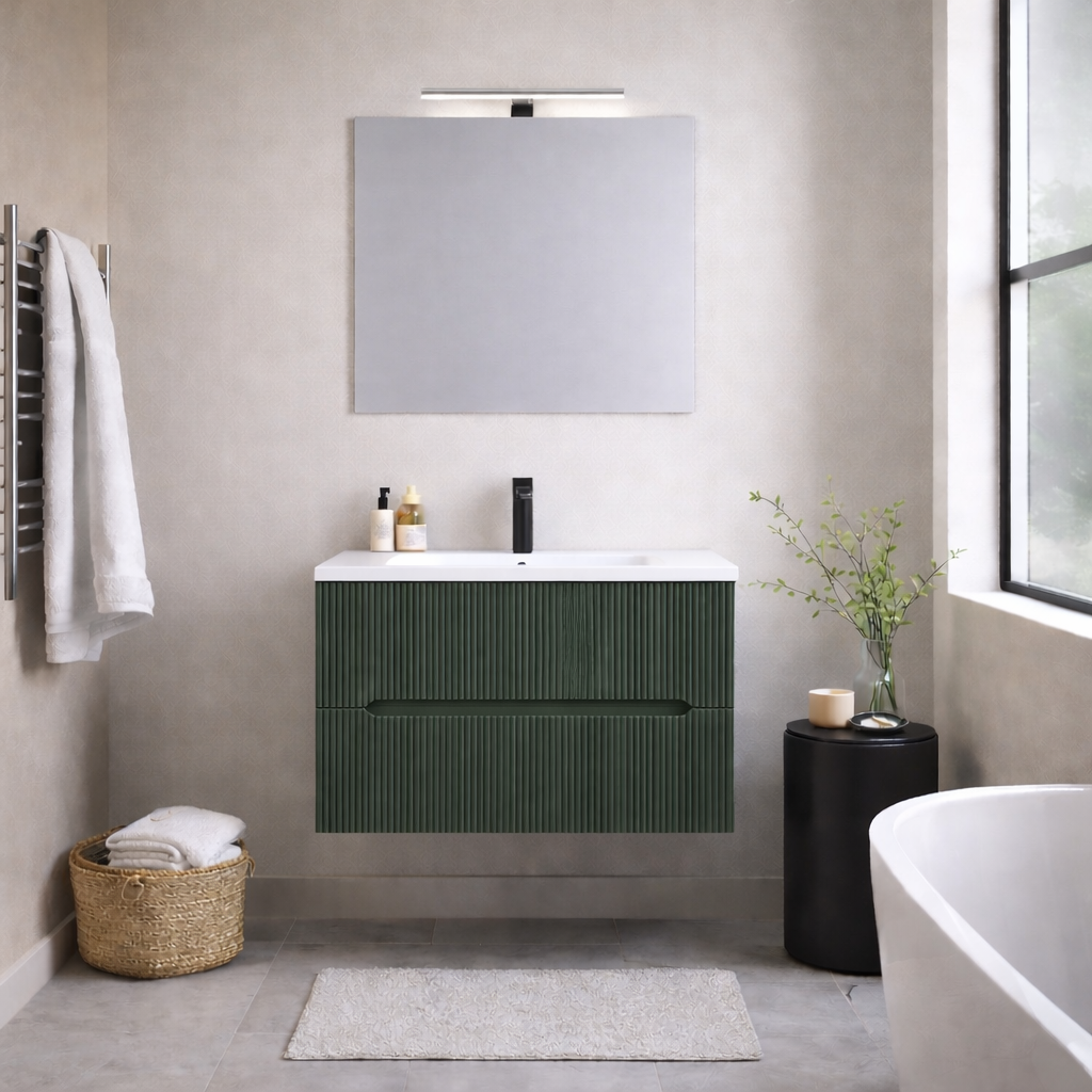 Mobile bagno sospeso cannettato Stick con lavabo, specchio e lampada LED - varie finiture 14