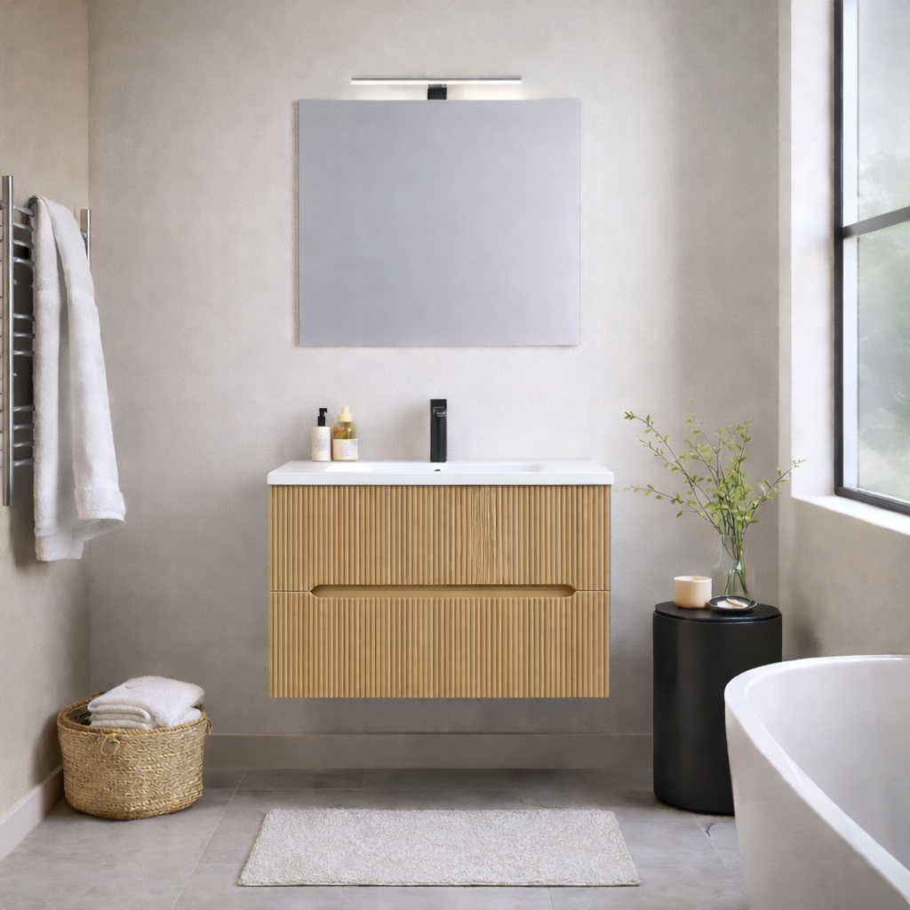 Mobile bagno sospeso cannettato Stick con lavabo, specchio e lampada LED - varie finiture 12
