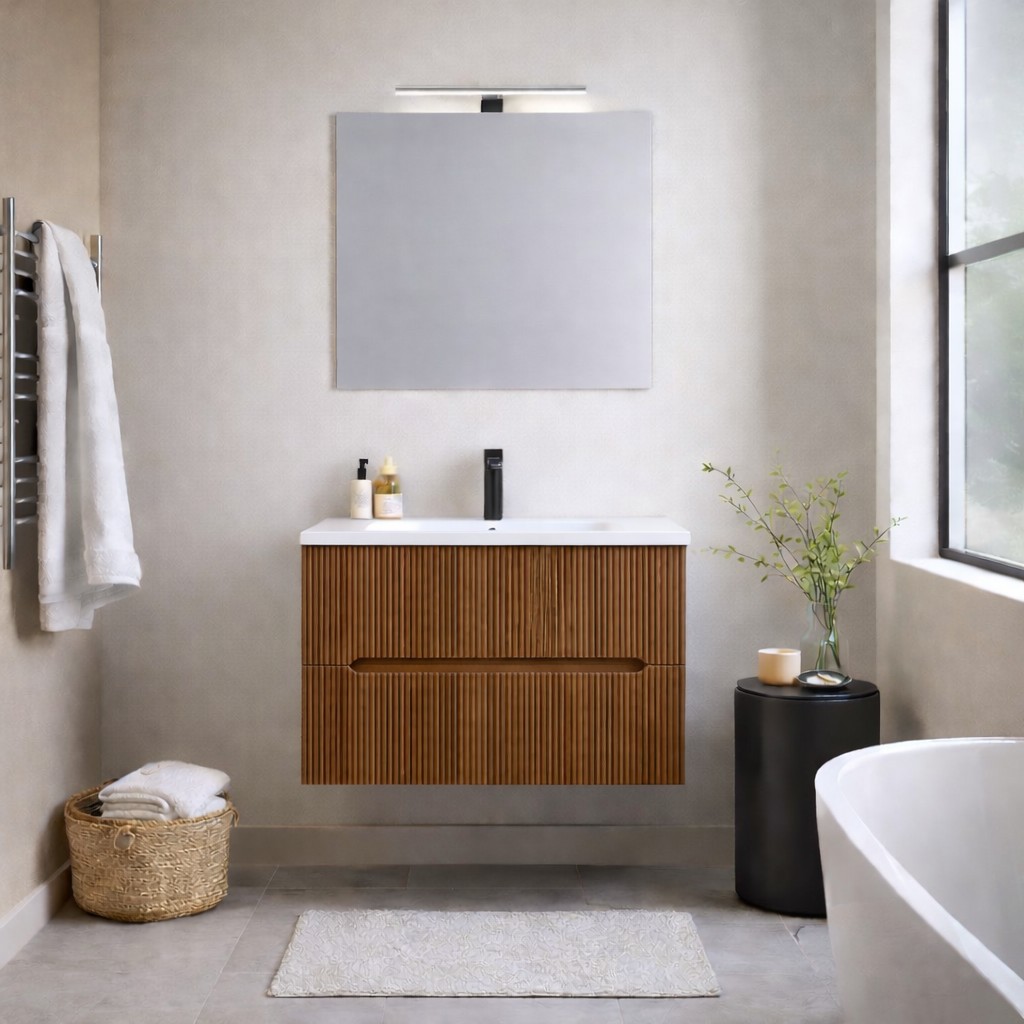 Mobile bagno sospeso cannettato Stick con lavabo, specchio e lampada LED - varie finiture 11