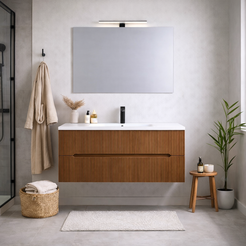 Mobile bagno sospeso cannettato Stick con lavabo, specchio e lampada LED - varie finiture 16