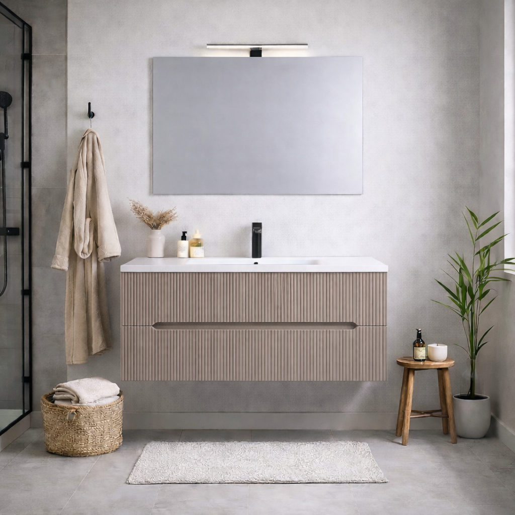 Mobile bagno sospeso cannettato Stick con lavabo, specchio e lampada LED - varie finiture 23