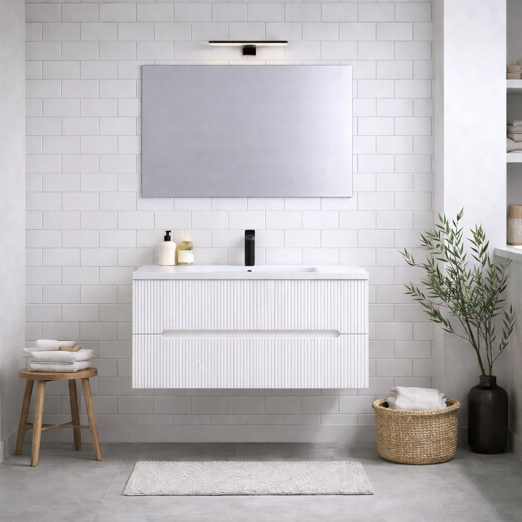 Mobile bagno sospeso cannettato Stick con lavabo, specchio e lampada LED - varie finiture 15