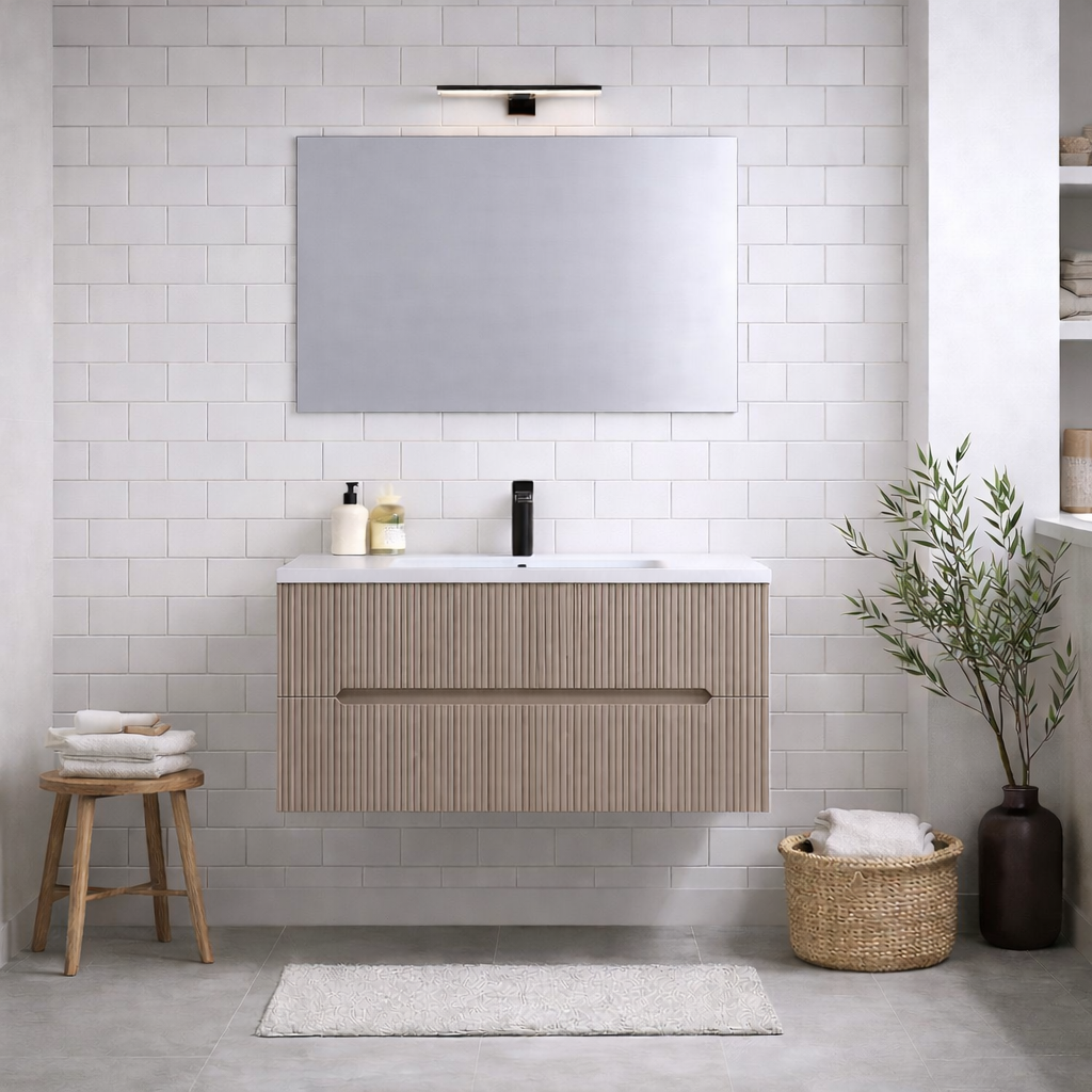 Mobile bagno sospeso cannettato Stick con lavabo, specchio e lampada LED - varie finiture 18