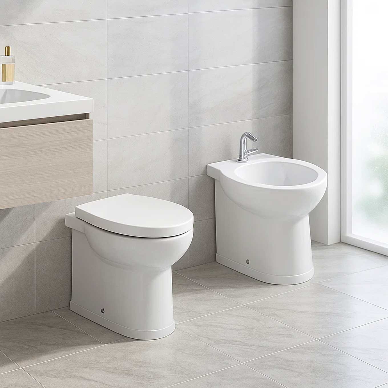 Coppia sanitari filomuro con sedile in termoindurente modello 'Isla' cm 48