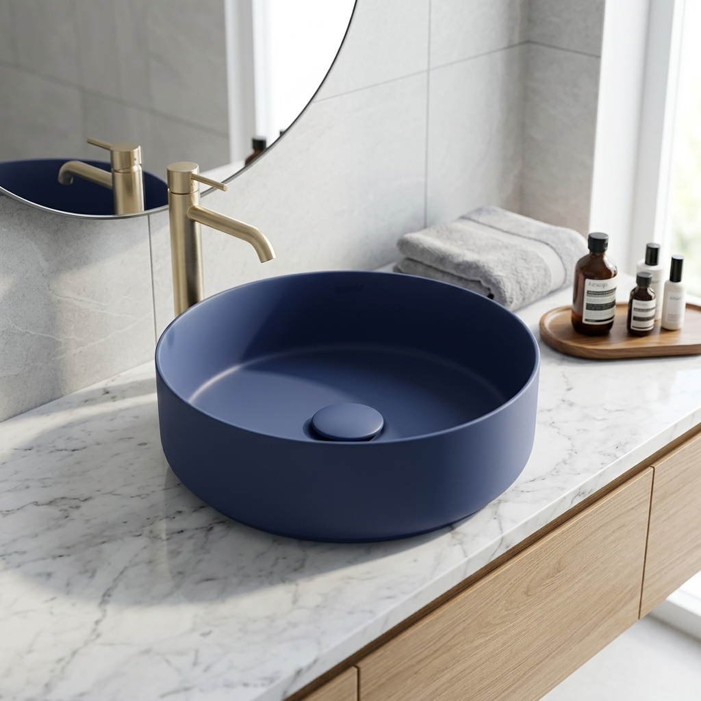 Lavabo d’appoggio rotondo BathCore Infinity Ø36 cm in ceramica con bordo sottile 5 mm. Senza foro rubinetto e troppopieno, disponibile in 13 finiture.