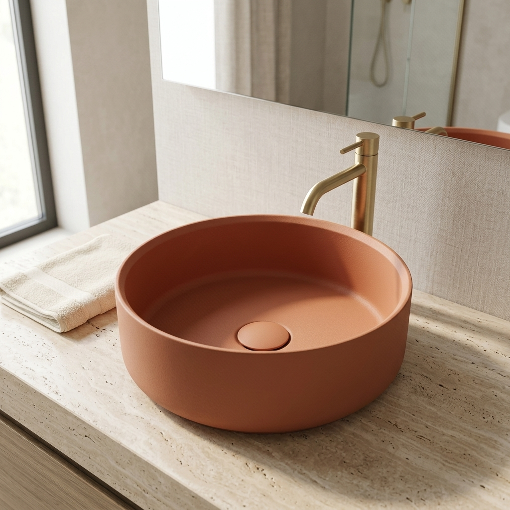 Lavabo d’appoggio rotondo BathCore Infinity Ø36 cm in ceramica con bordo sottile 5 mm. Senza foro rubinetto e troppopieno, disponibile in 13 finiture.
