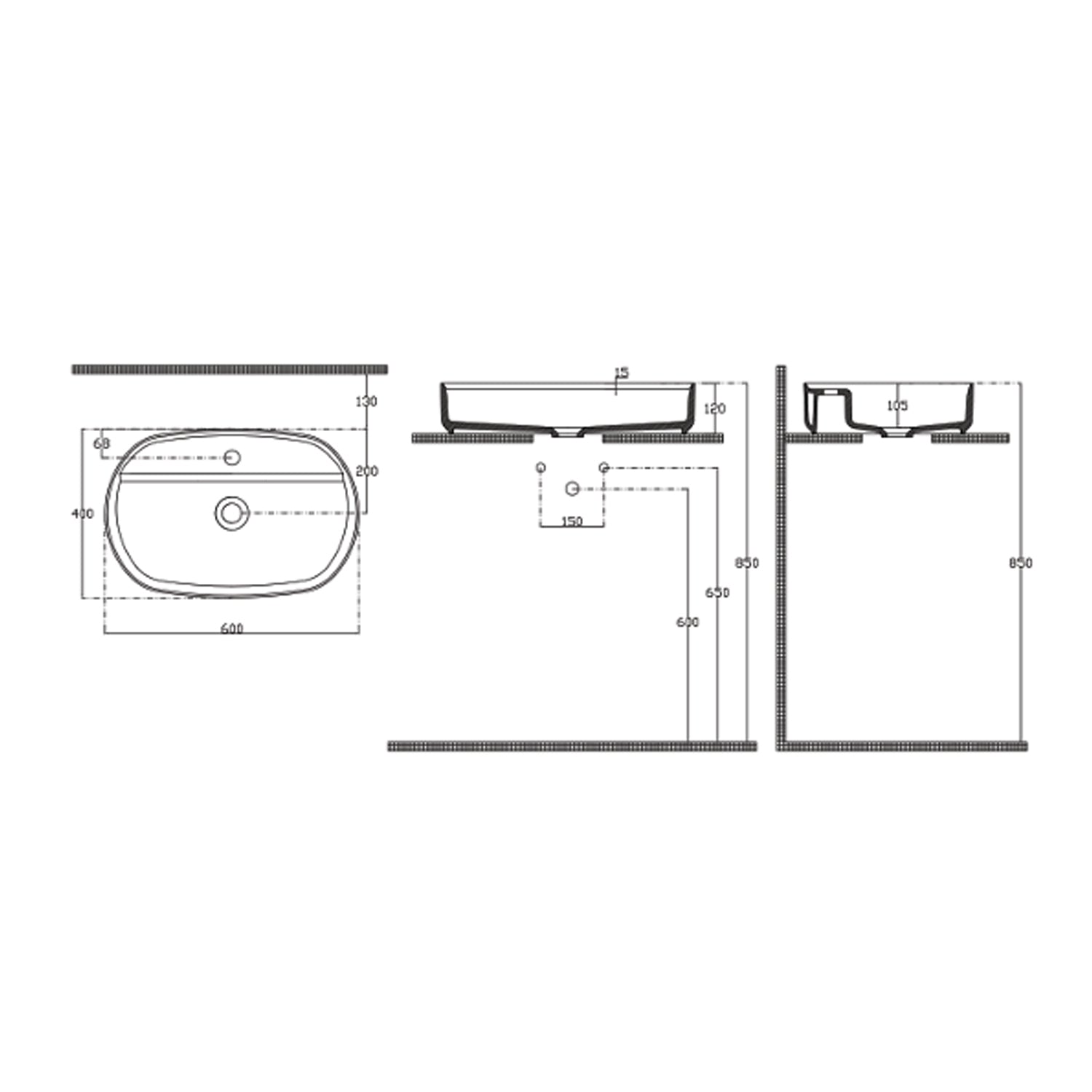  Lavabo d'appoggio ovale con foro BathCore serie Infinity 60x40 color Bianco Lucido
