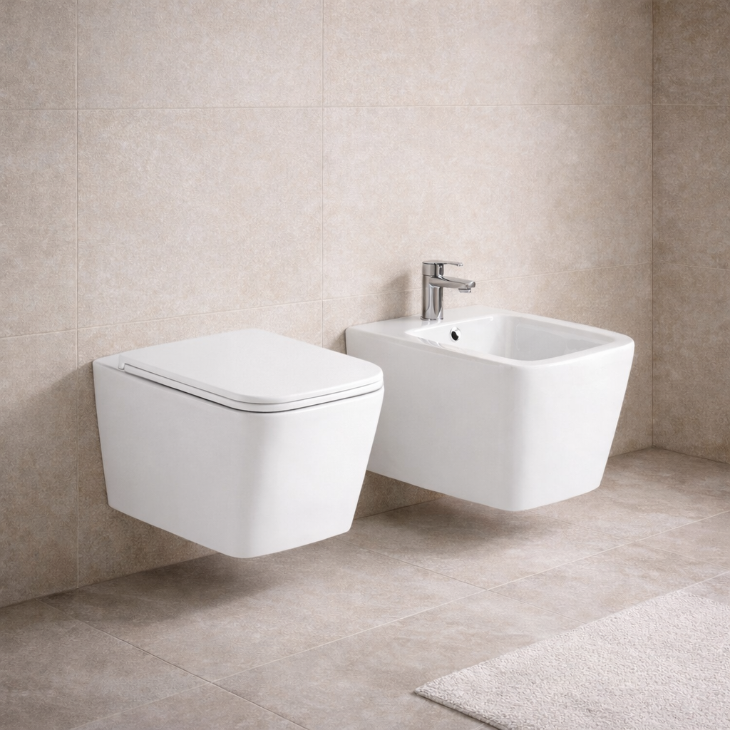 Coppia sanitari sospesi BathCore serie Nuvia 52x36 cm - Vaso sospeso + bidet sospeso + copriwater