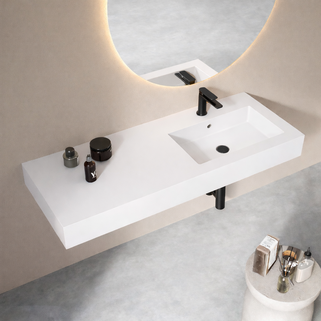 Lavabo top Bathcore serie Orion con vasca decentrata in mineral marmo - varie finiture