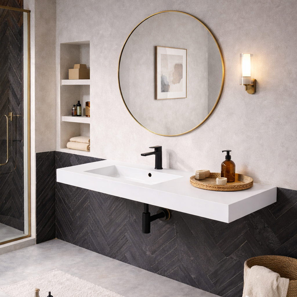 Lavabo top Bathcore serie Orion con vasca decentrata in mineral marmo - varie finiture 4