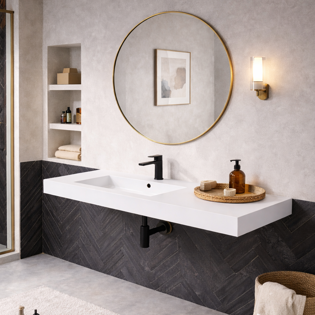 Lavabo top Bathcore serie Orion con vasca decentrata in mineral marmo - varie finiture 5