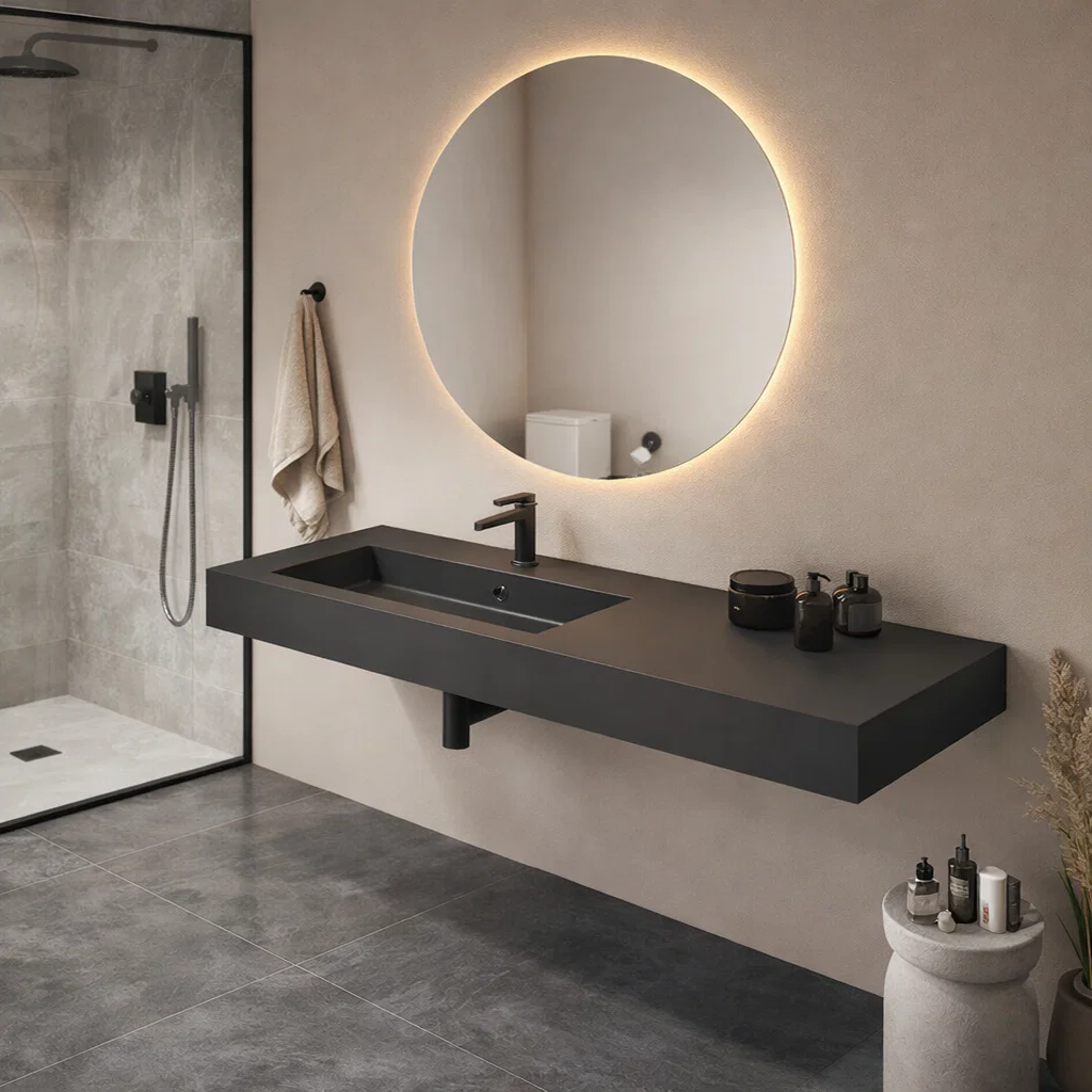 Lavabo top Bathcore serie Orion con vasca decentrata in mineral marmo - varie finiture 9