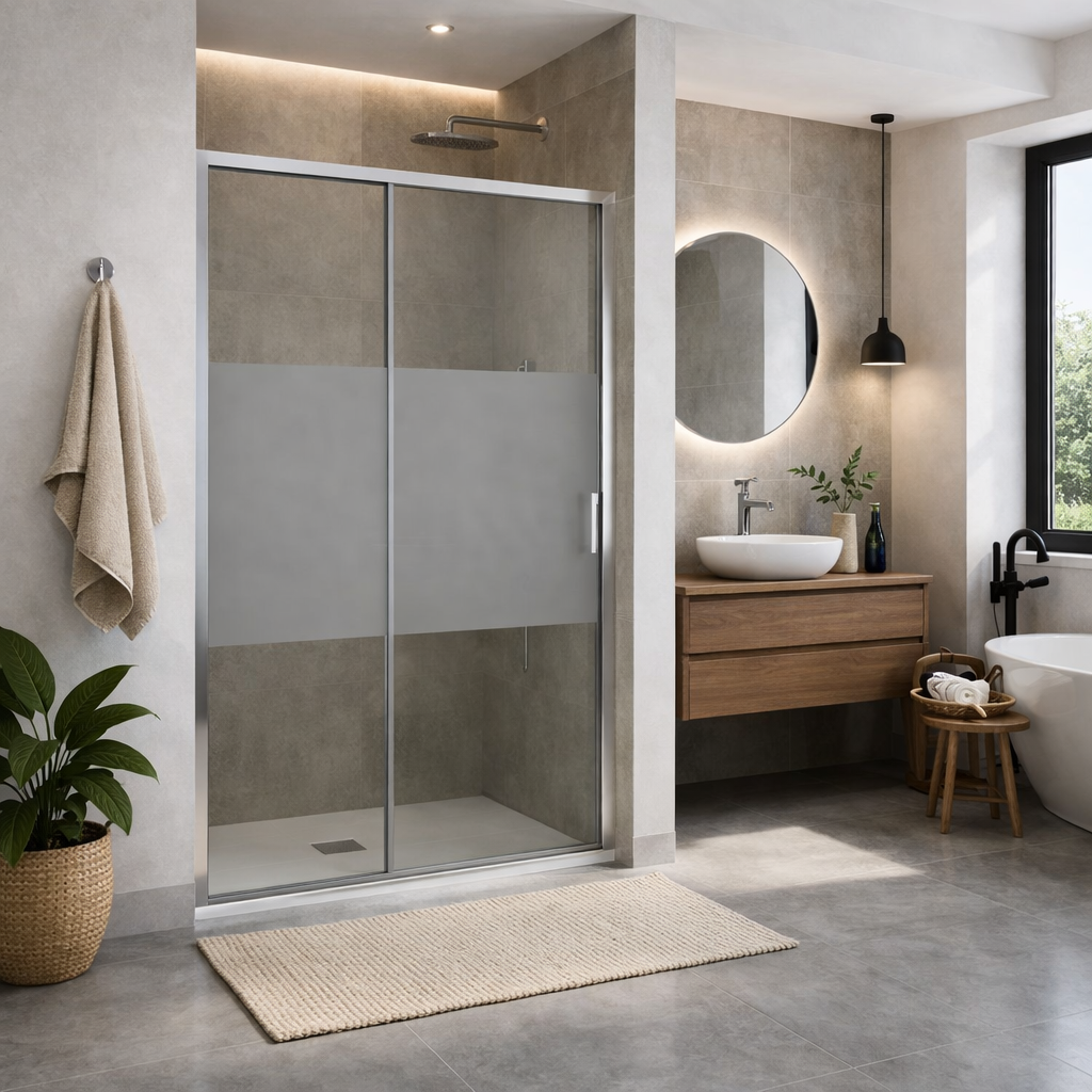 Porta doccia nicchia scorrevole T-Special cromo vetro serigrafato 100-150 cm