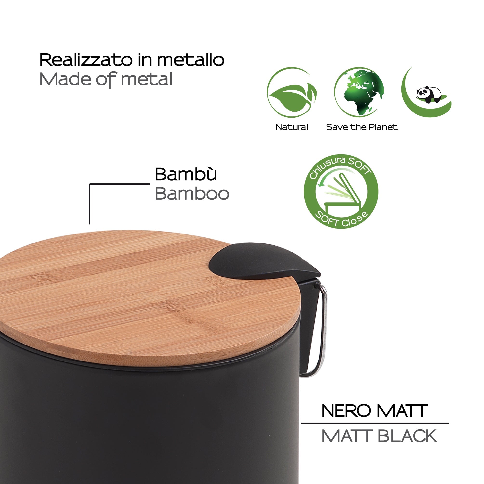  Porta rifiuti 3 litri modello Kenta in bambu'/nero by CeramicStore | Lo specialista del tuo bagno