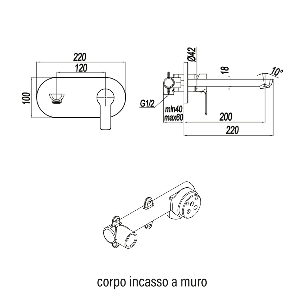Miscelatore monocomando lavabo a muro Rubiflux serie Zea - Cromo 6