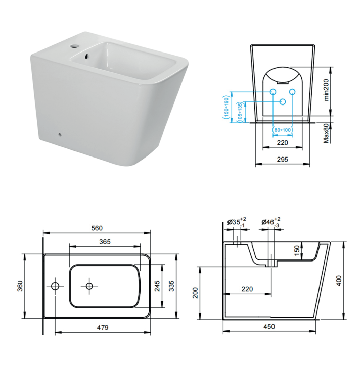 Coppia Sanitari Filo Muro Pluma - Evo Vaso a terra+ bidet a terra+ copriwater 5