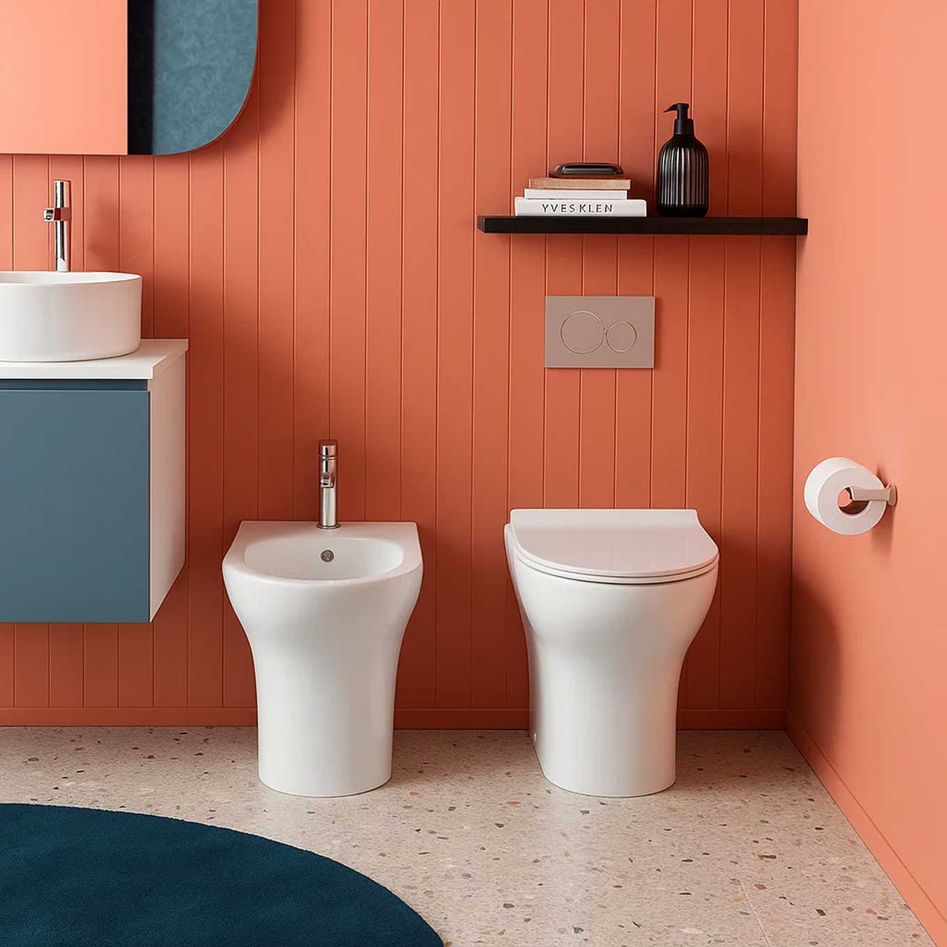  Coppia di sanitari filomuro WC rimless bidet e coprivaso modello Liz di Althea cm 50x36