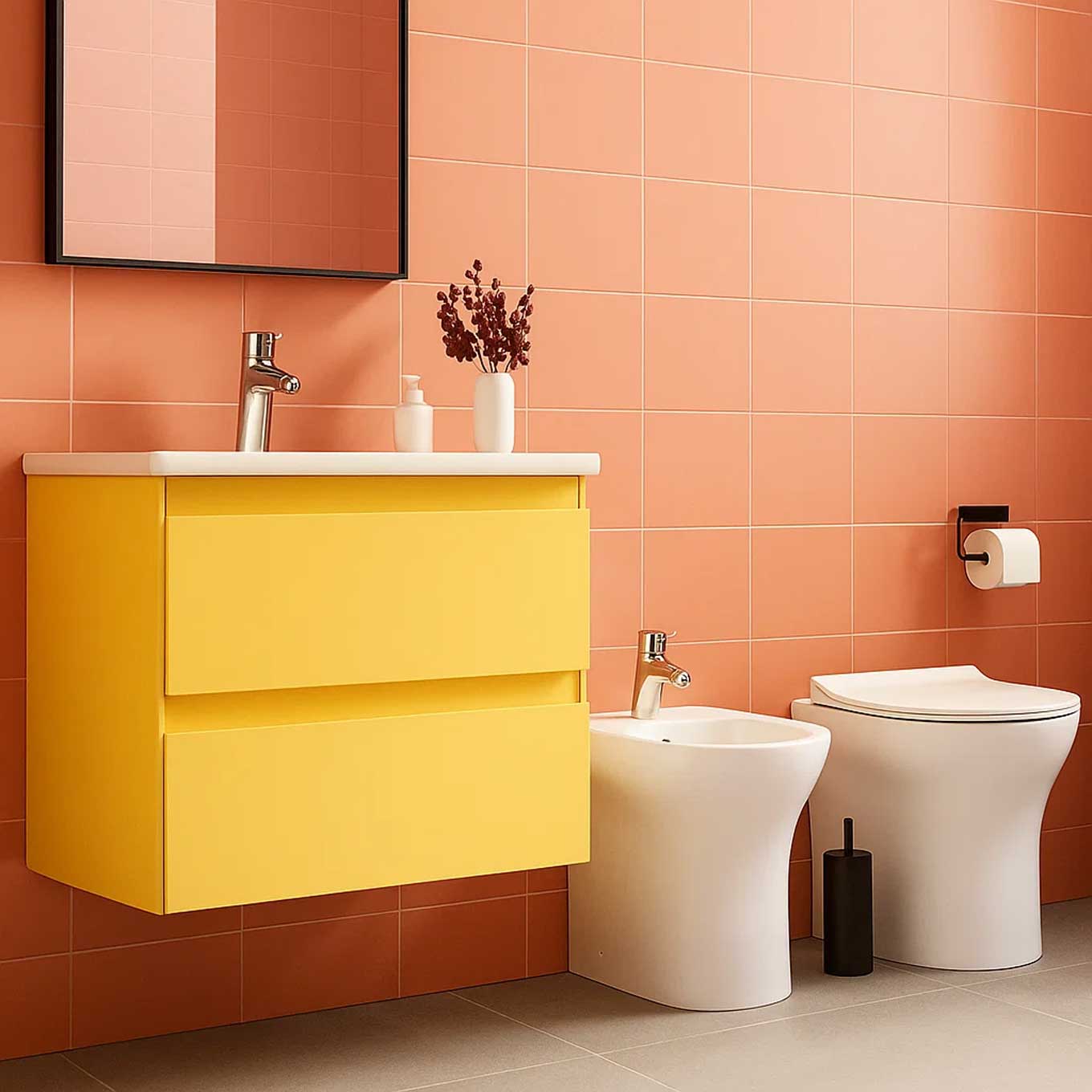 Coppia di sanitari filomuro WC rimless bidet e coprivaso modello Liz di Althea cm 50x36