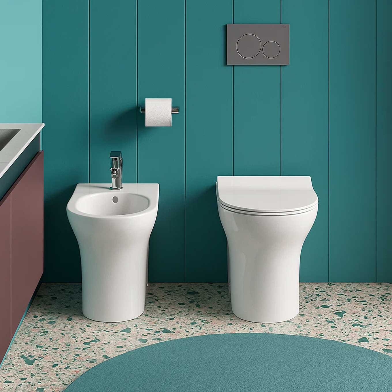  Coppia di sanitari filomuro WC rimless bidet e coprivaso modello Liz di Althea cm 50x36