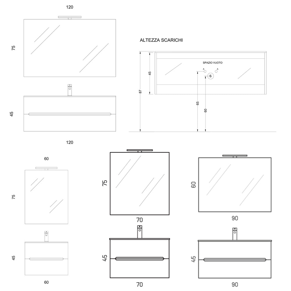 Mobile bagno sospeso cannettato Stick con lavabo, specchio e lampada LED - varie finiture 3