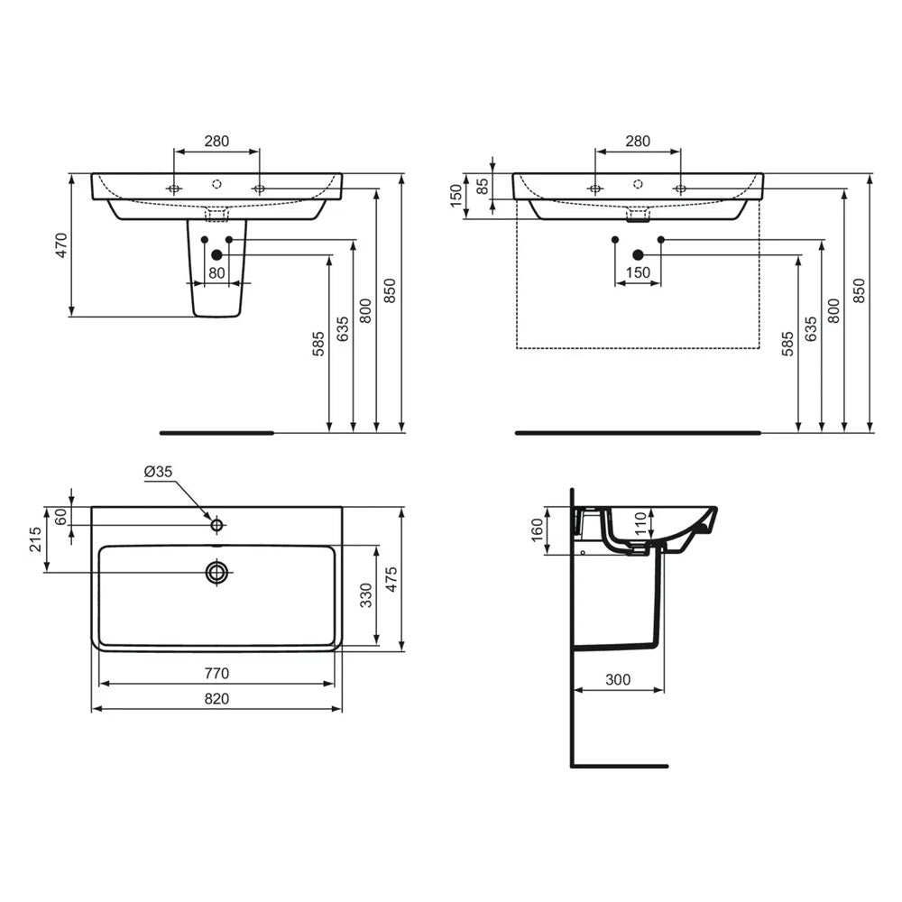 Lavabo sospeso Ideal Standard i.life B 82x47,5 cm con foro rubinetto e troppopieno 4