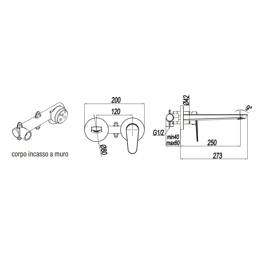 Miscelatore monocomando lavabo a muro RubiFlux serie Ampra - Cromo 6