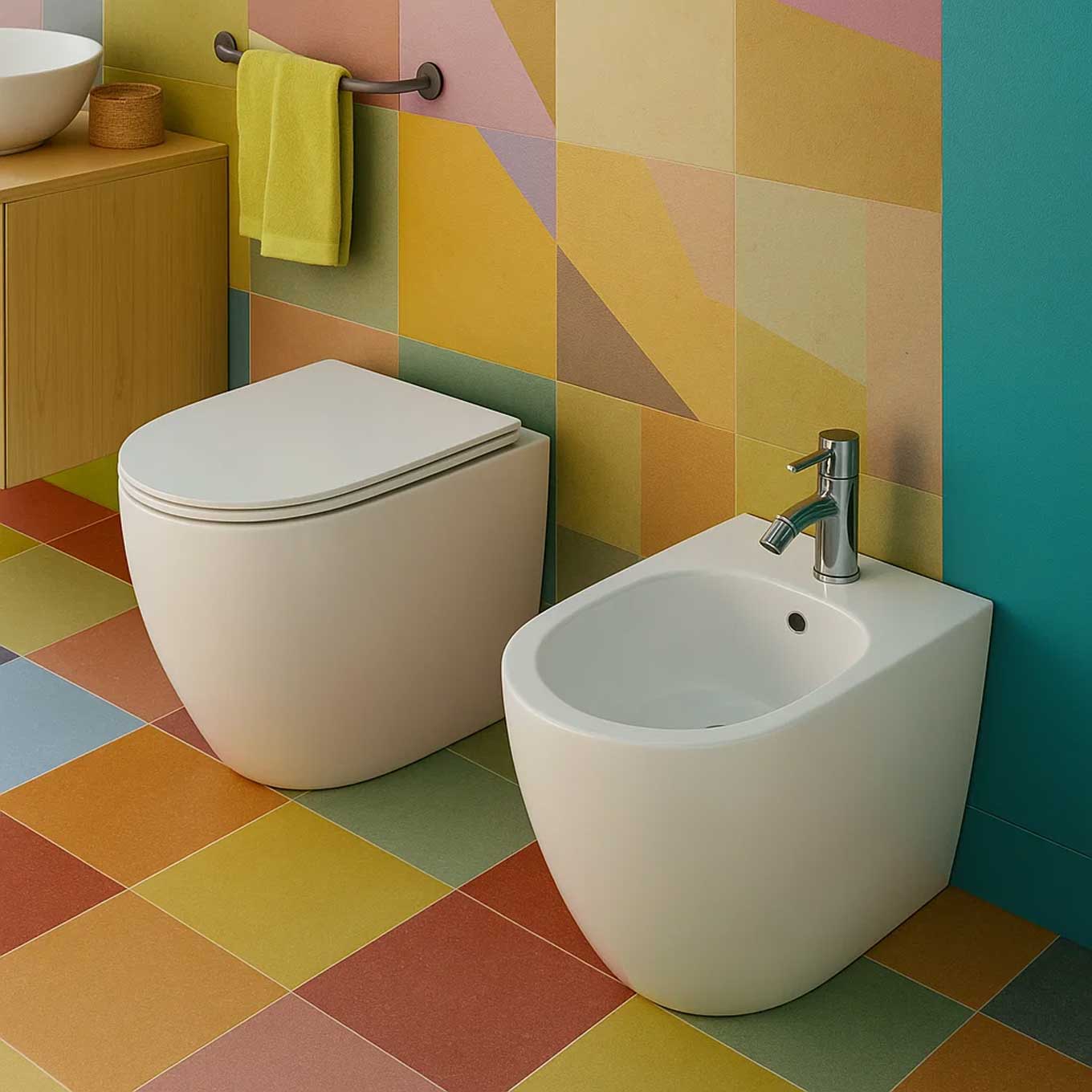 Sanitari filomuro senza brida con Copriwater Soft Close BathCore serie Aria 52x37 x H40.5 cm - Bianco Lucido