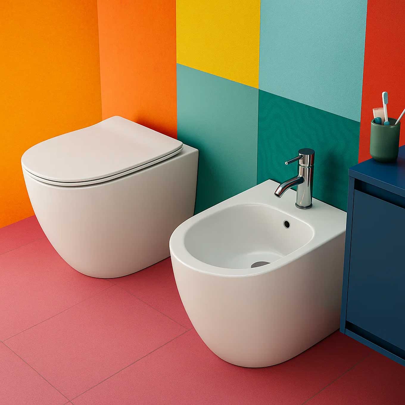  Sanitari filomuro senza brida con Copriwater Soft Close BathCore serie Aria 52x37 x H40.5 cm - Bianco Lucido