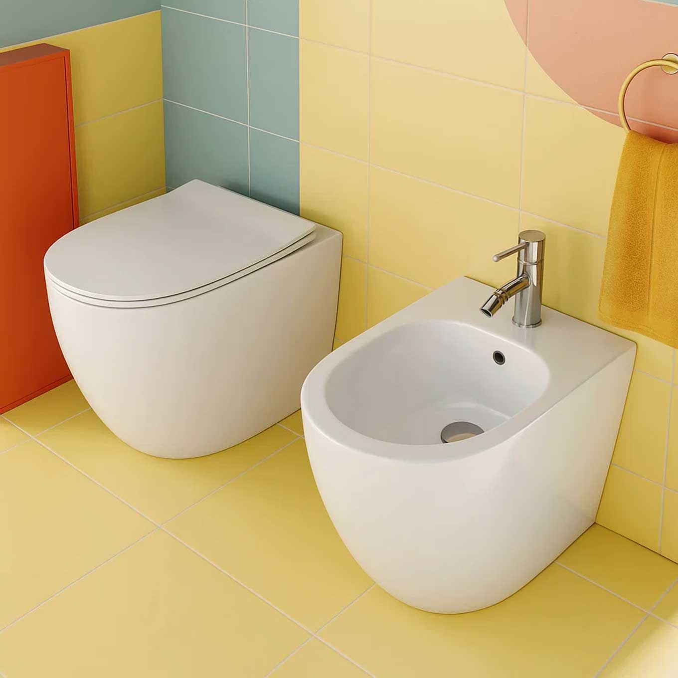 Sanitari filomuro 56x36 con Copriwater Soft Close BathCore serie Aria Special Traslato - Bianco Lucido 3