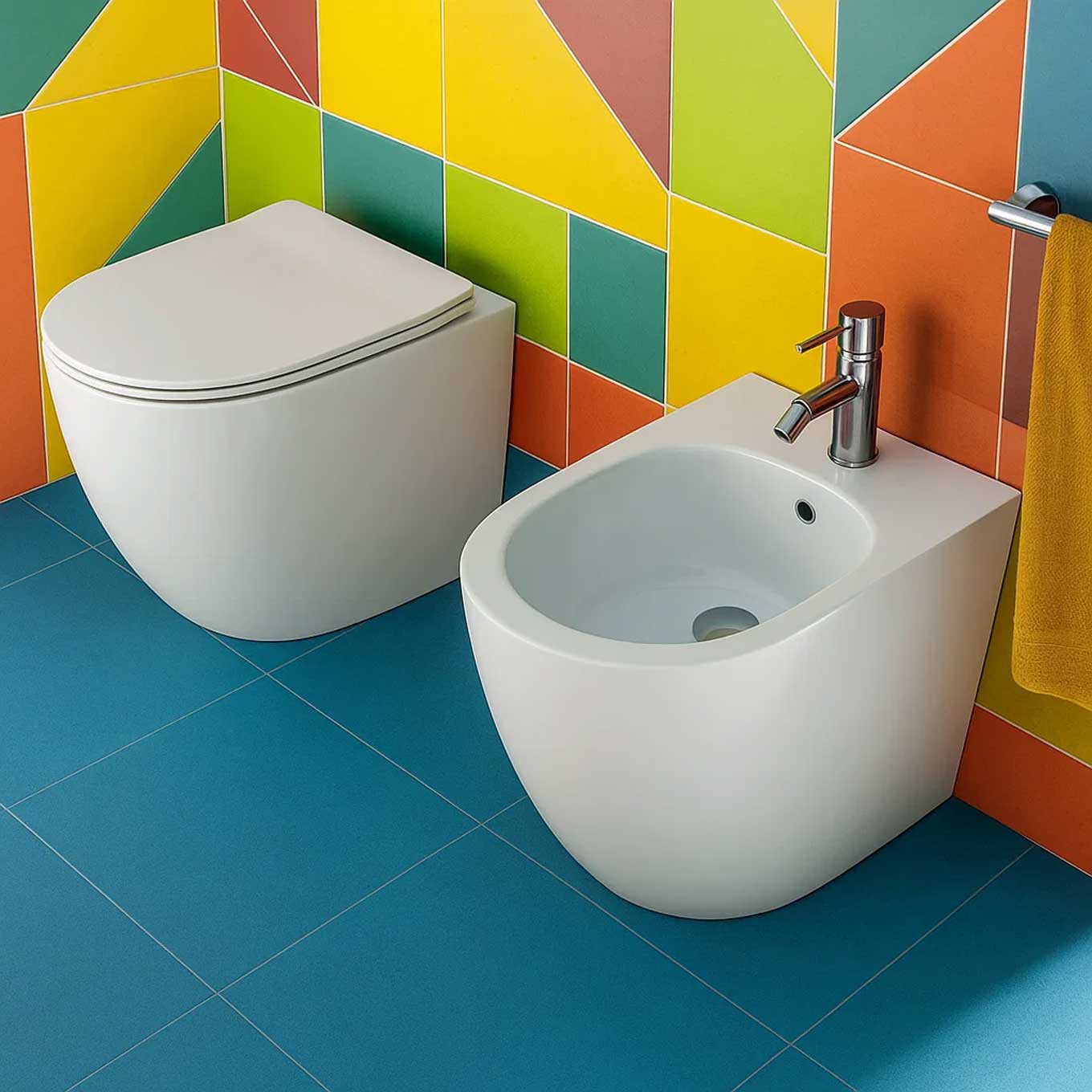 Sanitari filomuro BathCore serie Aria Special Traslato con Copriwater Soft Close 56x36 x H42 cm - Bianco Lucido