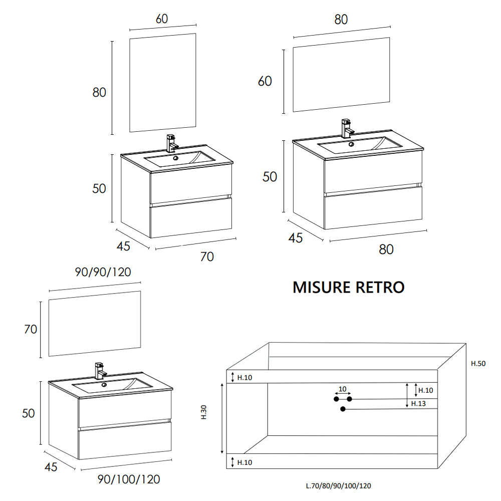 Mobile bagno sospeso Cubi&Co serie Aura con doppio cassetto, lavabo e specchio con LED - varie finiture 2