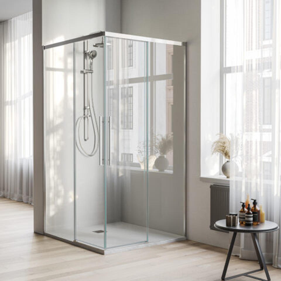 Box doccia angolare scorrevole soft close Run con vetro 6 mm anticalcare e altezza 200 cm - Cromo