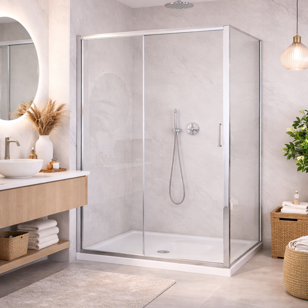 Box doccia con porta scorrevole e lato fisso T-Special da 70 a 150 cm con profilo cromo e vetro trasparente, opaco o serigrafato. Elegante e funzionale.