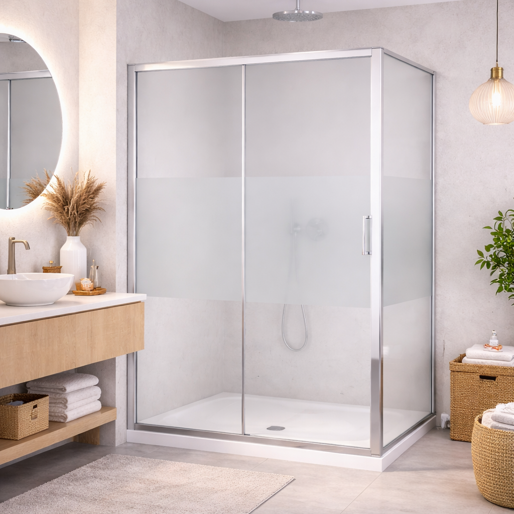 Box doccia con porta scorrevole e lato fisso T-Special da 70 a 150 cm con profilo cromo e vetro trasparente, opaco o serigrafato. Elegante e funzionale.