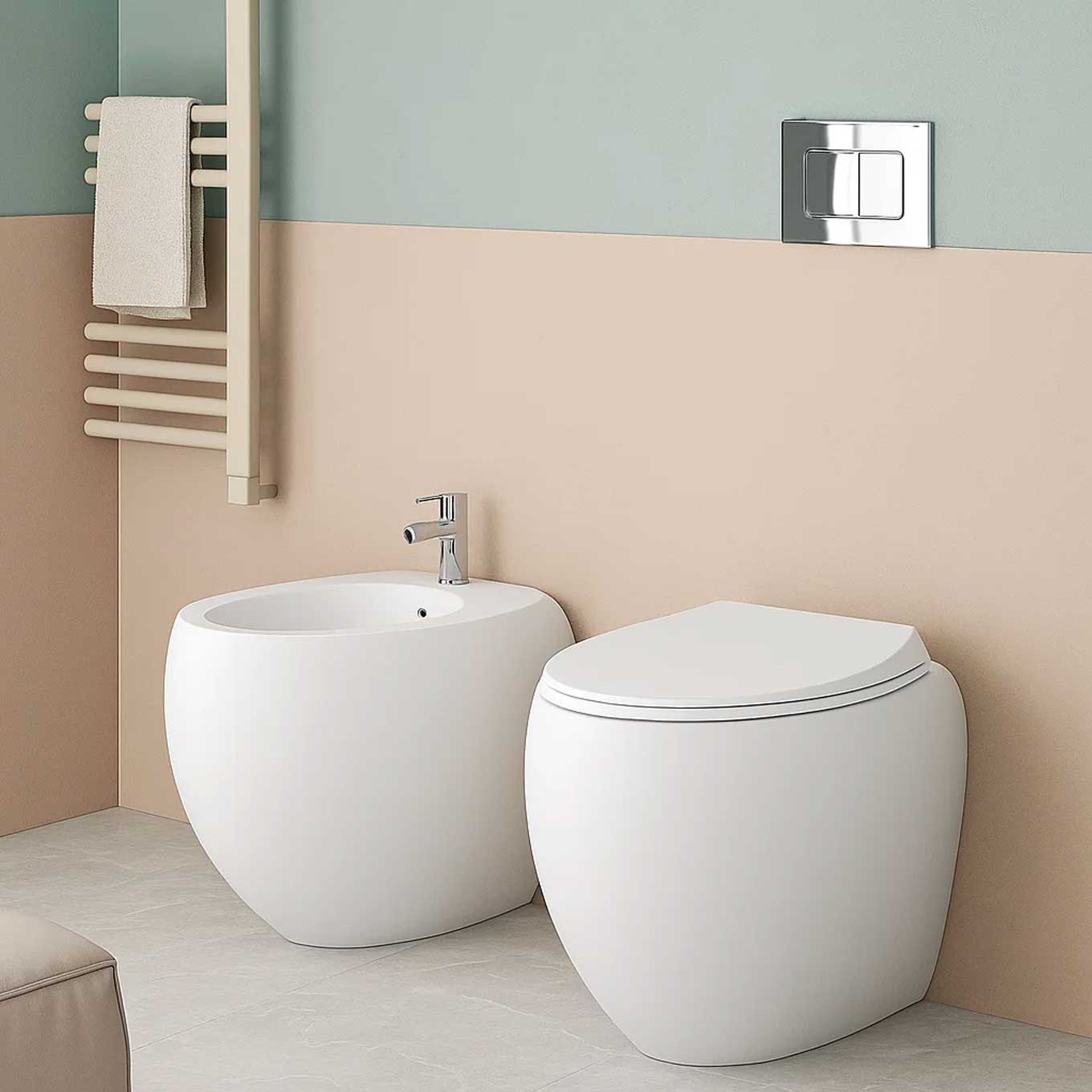 Coppia di sanitari filomuro con wc senza brida modello Cloud di Rak Ceramics compreso coprivaso cm 56 Bianco Opaco