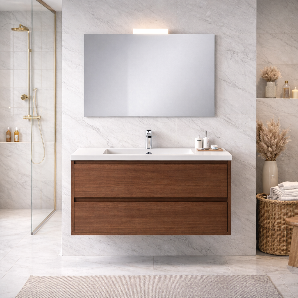 Mobile bagno sospeso Cubi&Co serie Aura con doppio cassetto, lavabo e specchio con LED - varie finiture 13