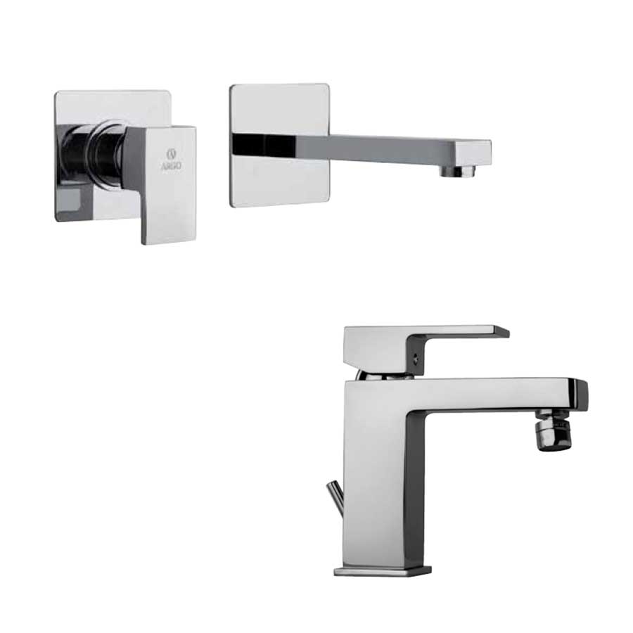 Set di rubinetti quadrati per lavandino a muro e bidet finitura cromata con Piletta e Saltello collezione More di Argo Rubinetterie