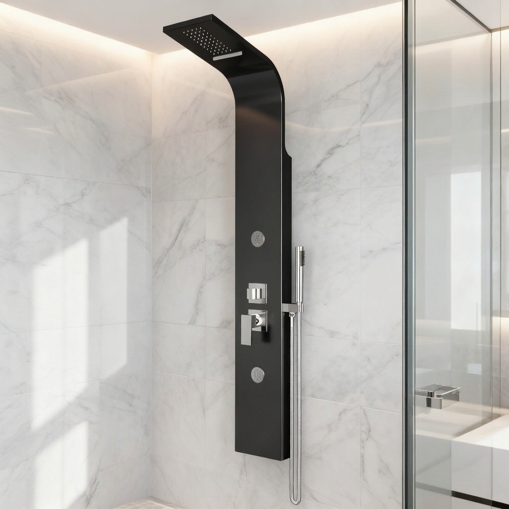 Pannello doccia in acciaio inox Deluxe DocciaGo con idrogetti e doccetta 150x21 cm