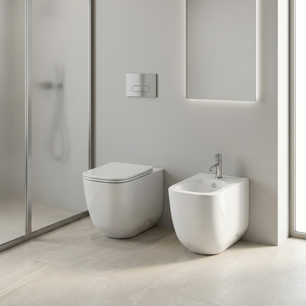 Sanitari filomuro Prime BathCore con scarico a vortice e copriwater soft-close