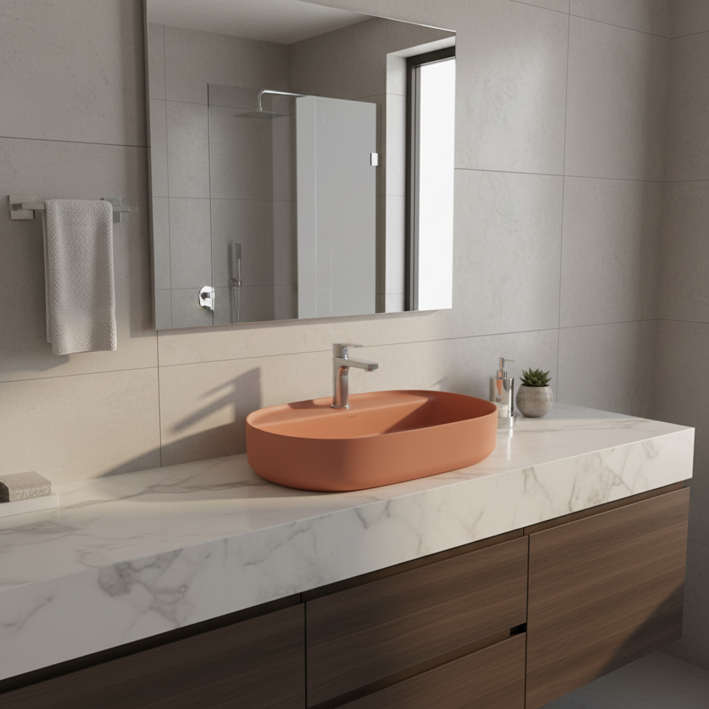 Lavabo d’appoggio ovale BathCore Infinity 60x40 cm in ceramica colorata con bordo sottile 22